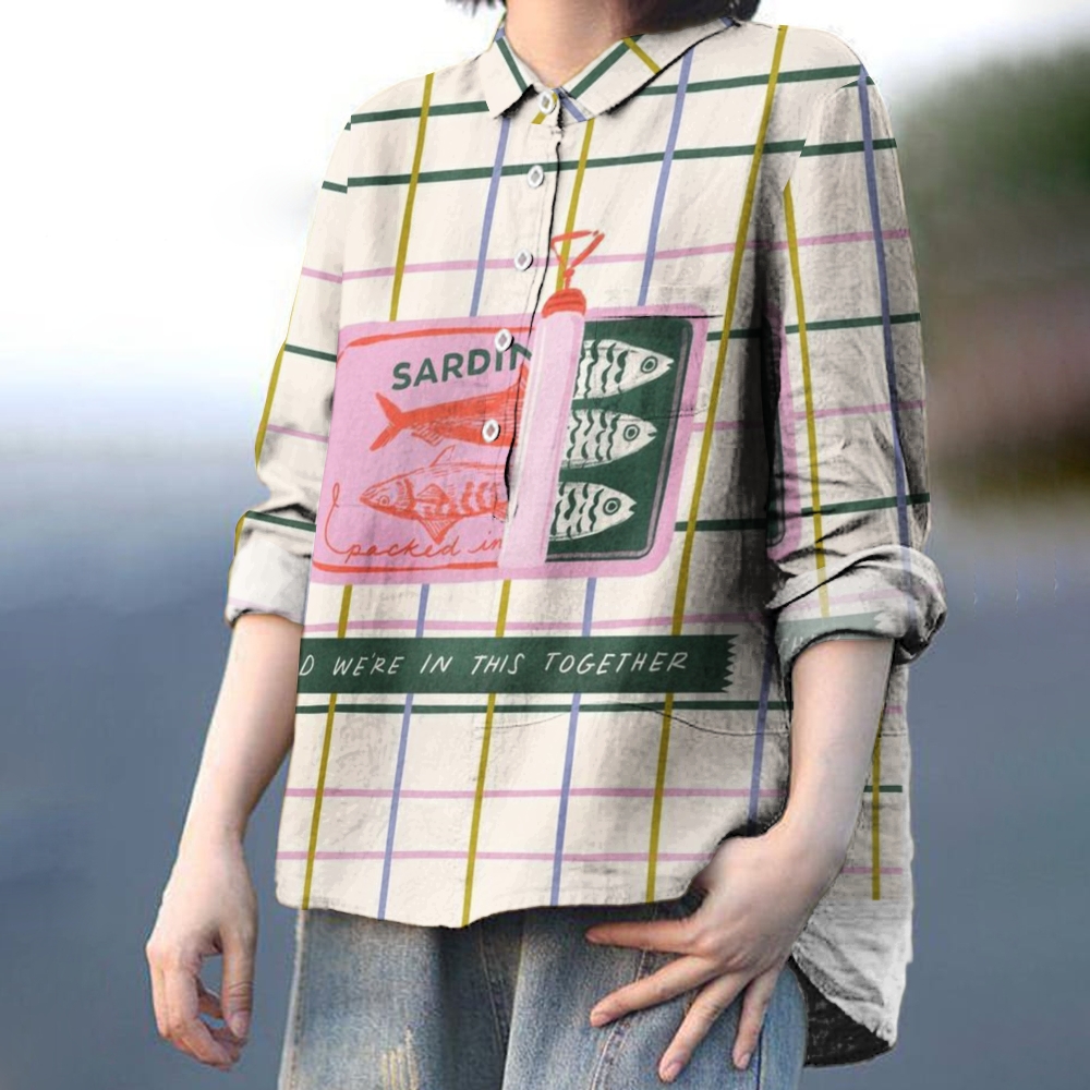 Women's Plaid Sardines Print Casual Cotton And Linen Shirt