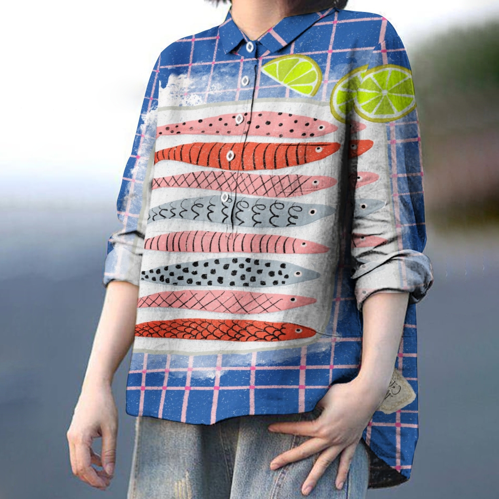 Women's Vintage Fish Print Casual   Shirt