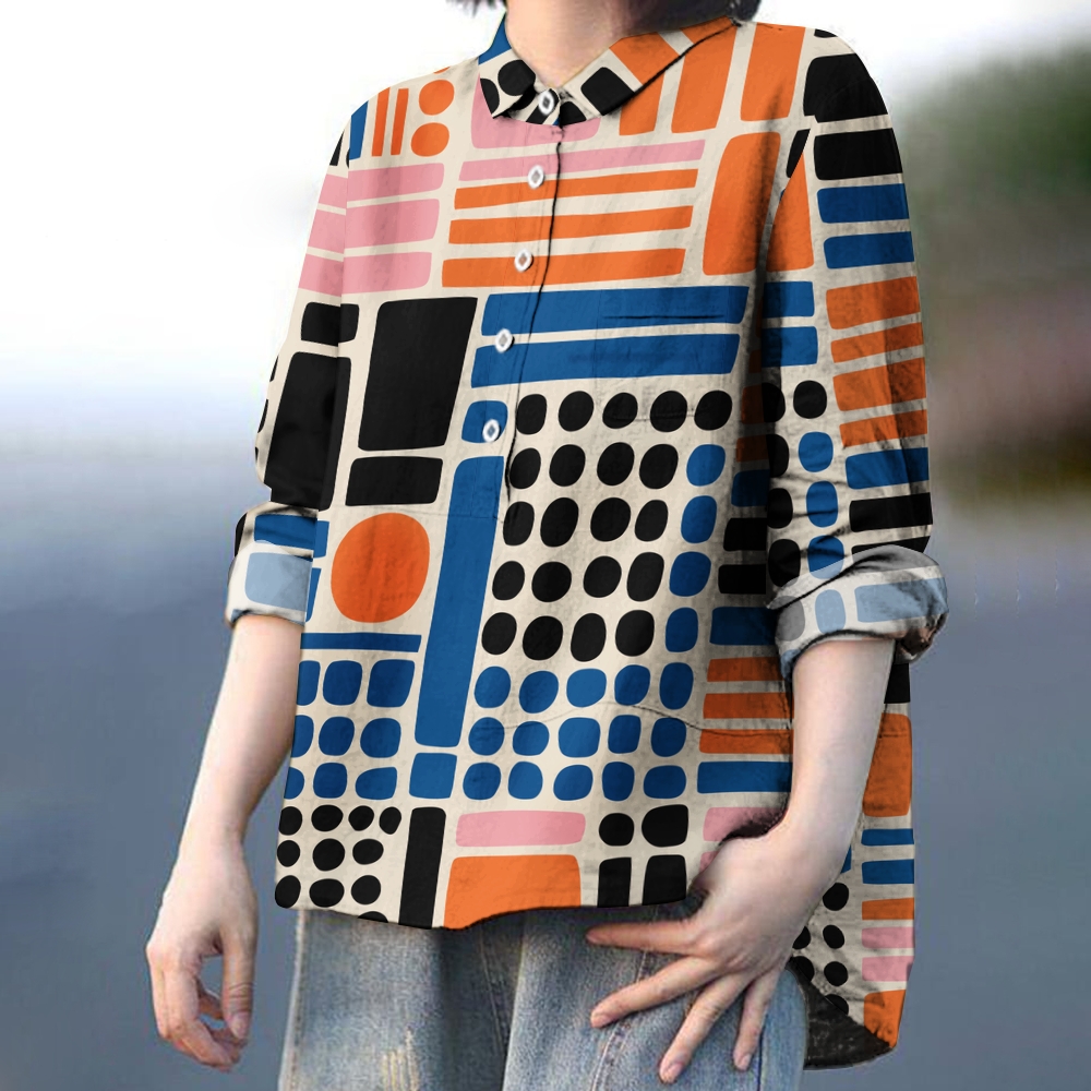 Women's Geometric Colorblock Print Casual Cotton And Linen Shirt