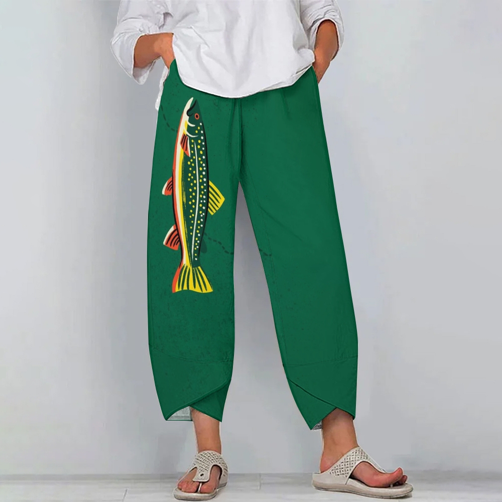 Women's Casual Colorful Fish Printed Cotton And Linen Pants