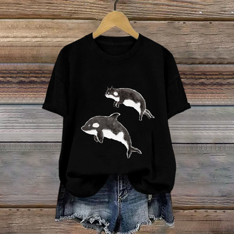 Cotton Cute Cow Cat Imitating Killer Whale Print T-shirt