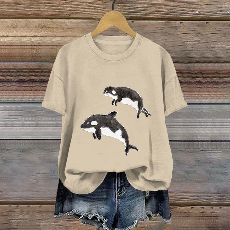 Cotton Cute Cow Cat Imitating Killer Whale Print T-shirt