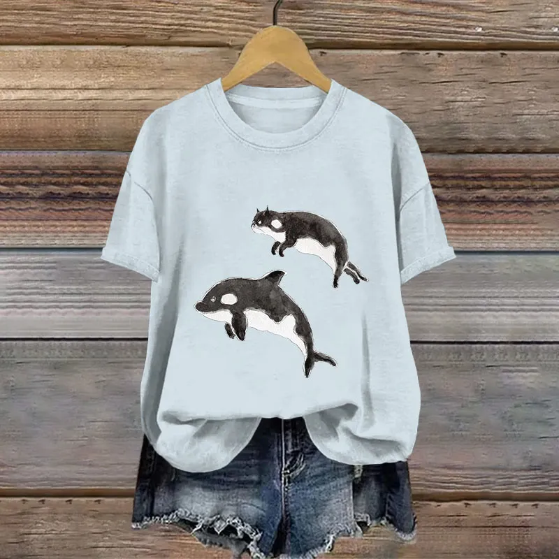 Cotton Cute Cow Cat Imitating Killer Whale Print T-shirt