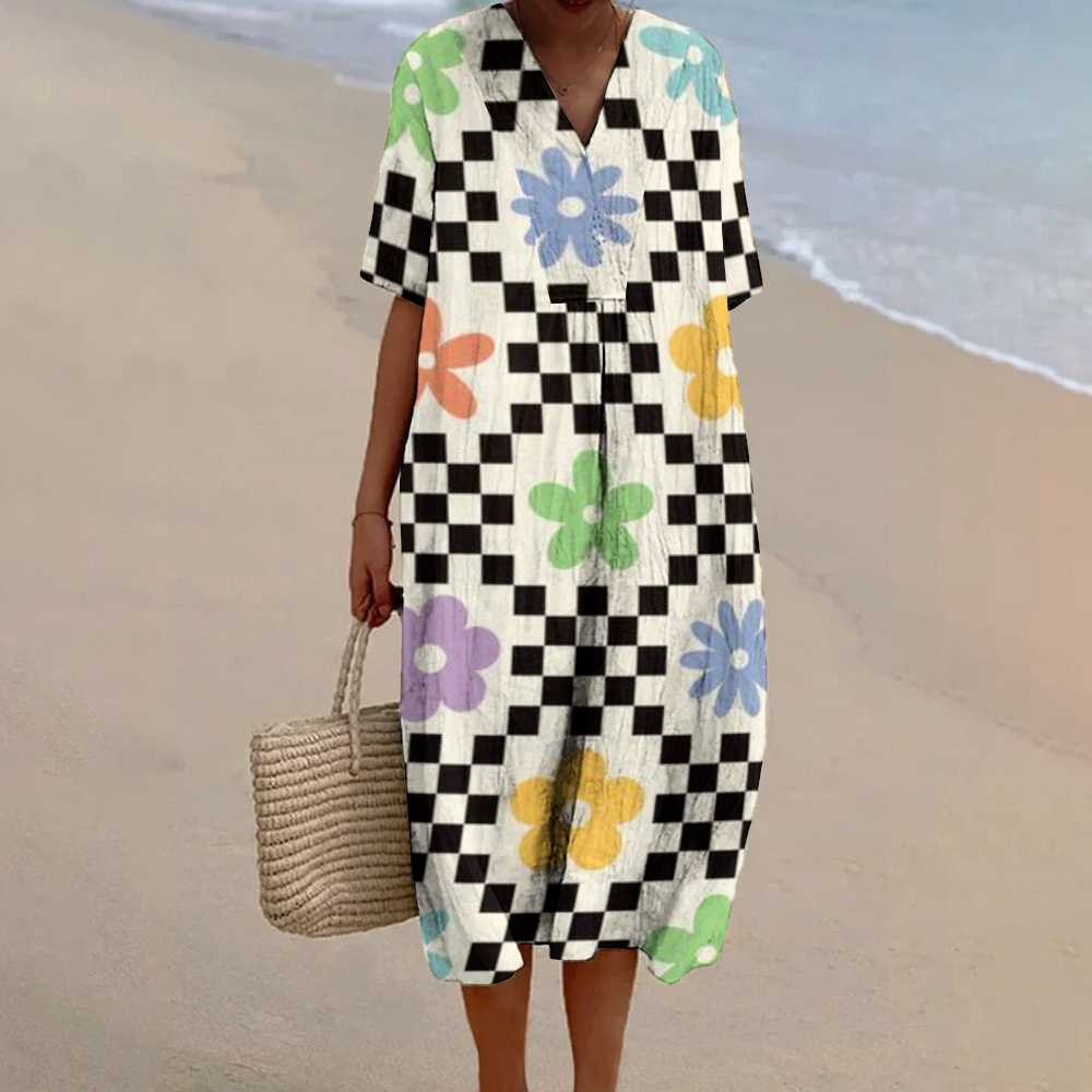 Women's Colorblock Flower Print Flowy Dress