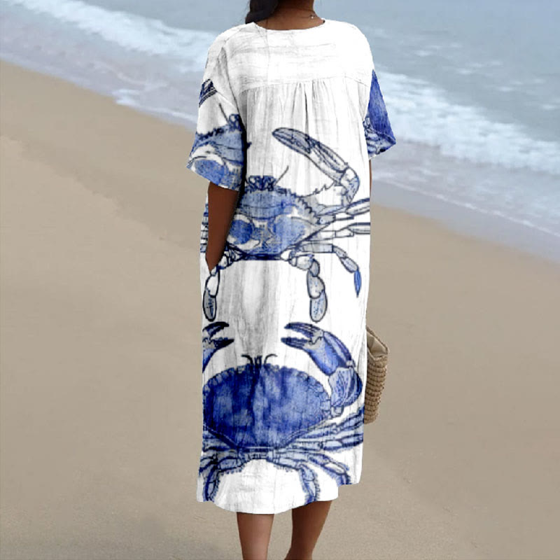 Women's Sketch Drawing Blue Crab Print V-neck Short Sleeved Casual Midi Dress