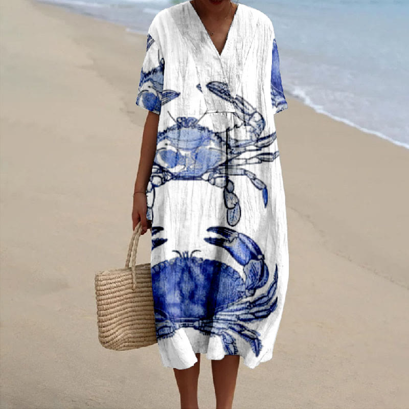 Women's Sketch Drawing Blue Crab Print V-neck Short Sleeved Casual Midi Dress