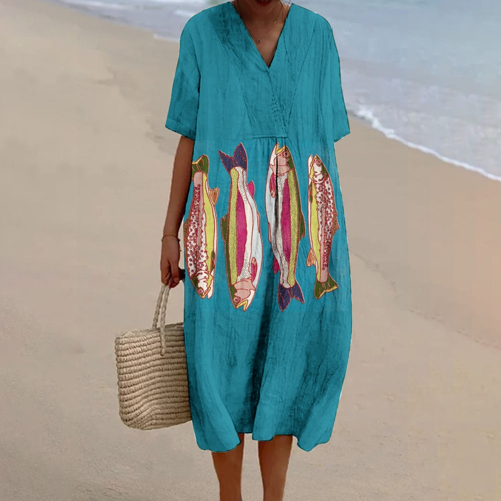 Women's Fish Art Print Flowy Dress