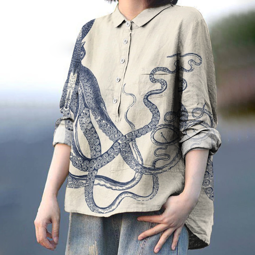 Women's Octopus Print Casual Cotton And Linen Shirt