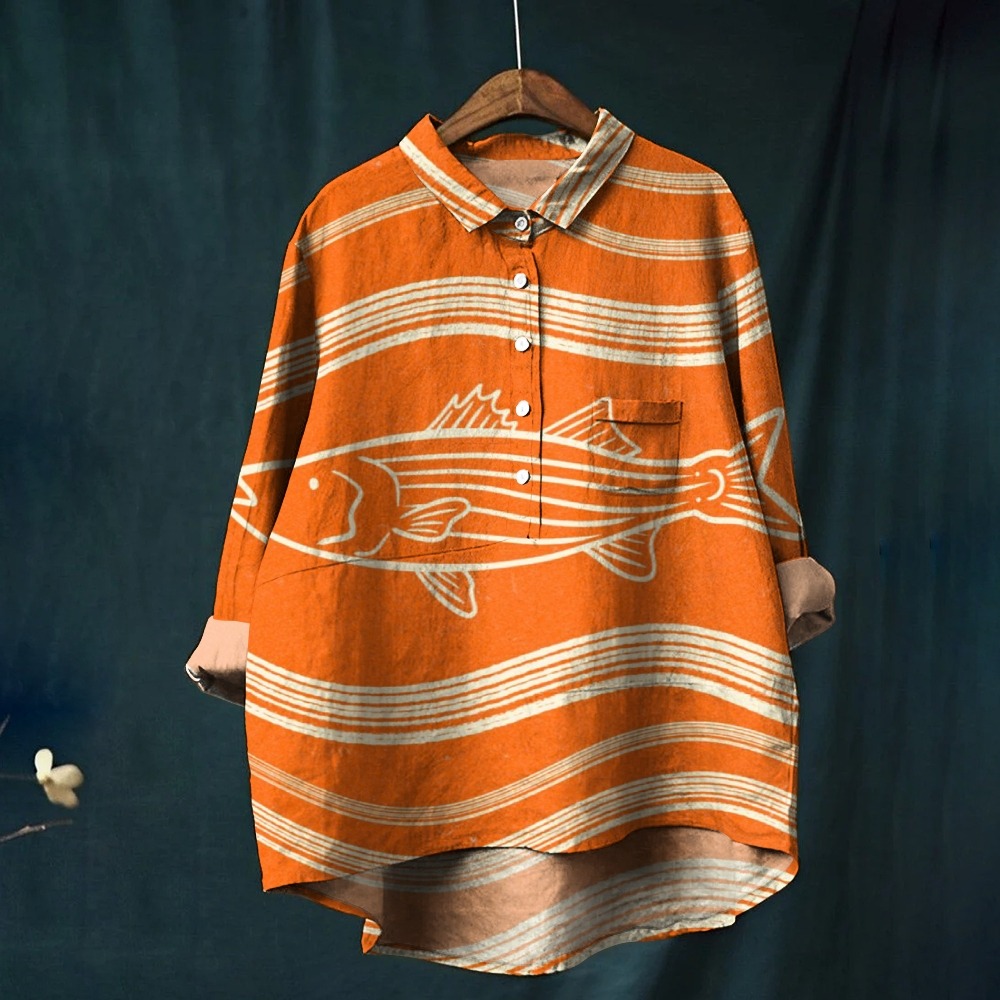 Women's Striped Fish Printed Casual Long Sleeve Shirt