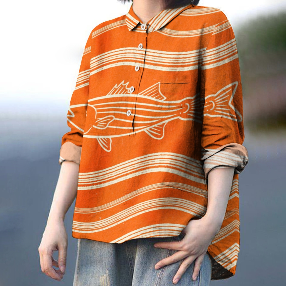 Women's Stripes And Fish Print Casual   Shirt