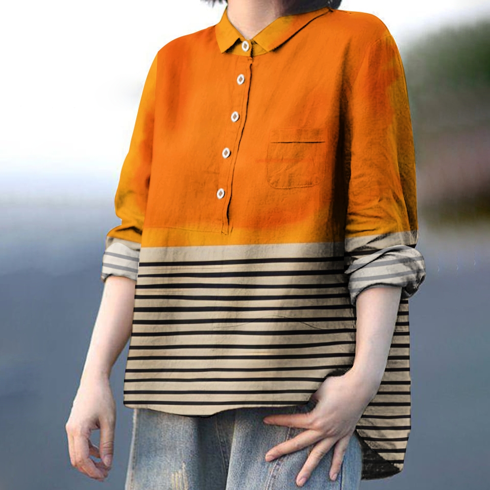 Women's Stripe Print Casual Cotton And Linen Shirt 
