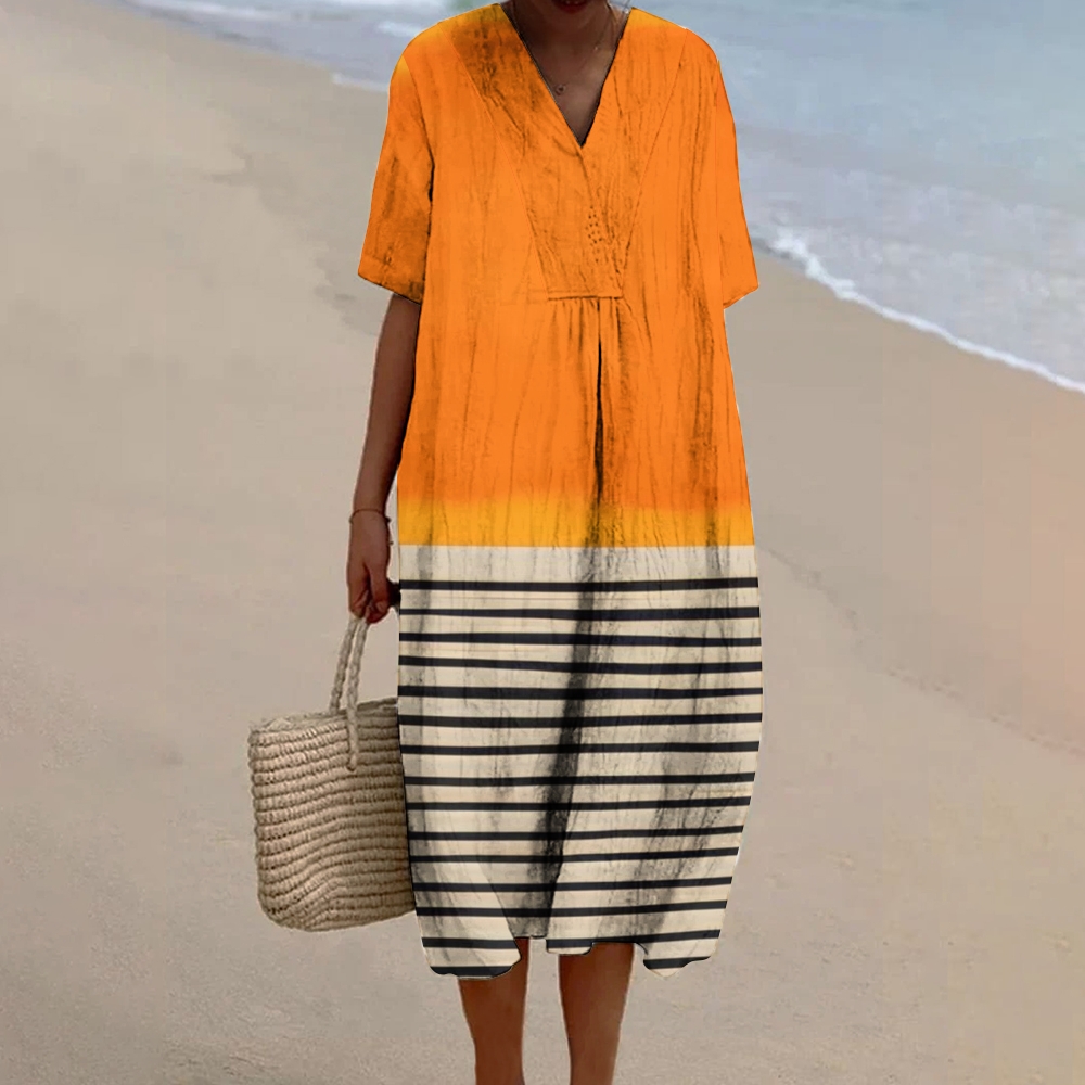 Women's Stripe Print Flowy Linen Dress 