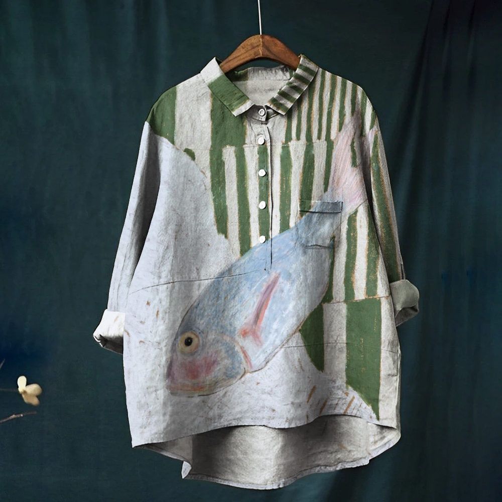 Women's Striped Fish Print Casual Shirt