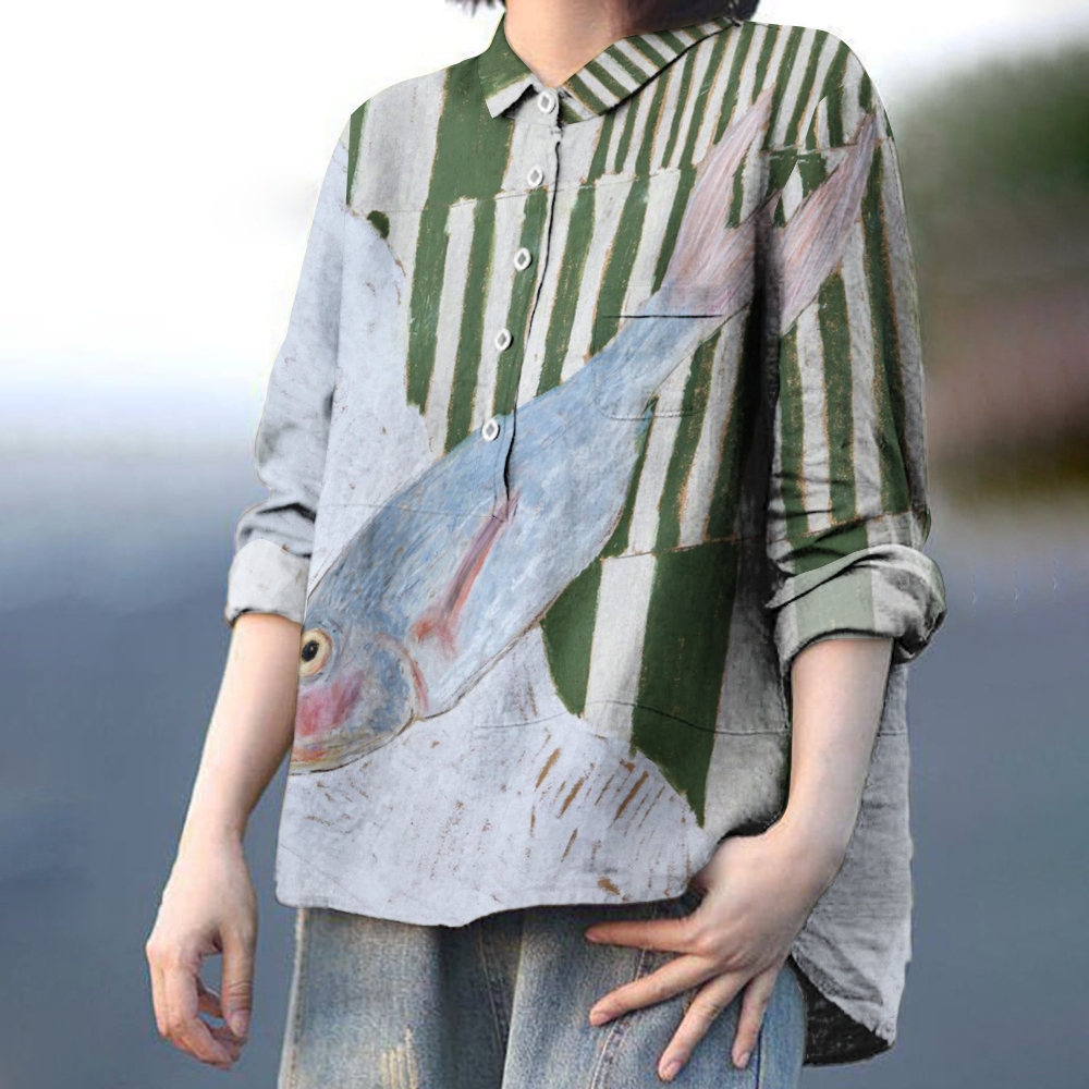 Women's Striped Fish Print Casual Shirt