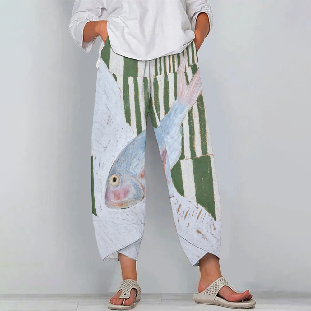 Women's Casual Striped Fish Printed Cotton And Linen Pants