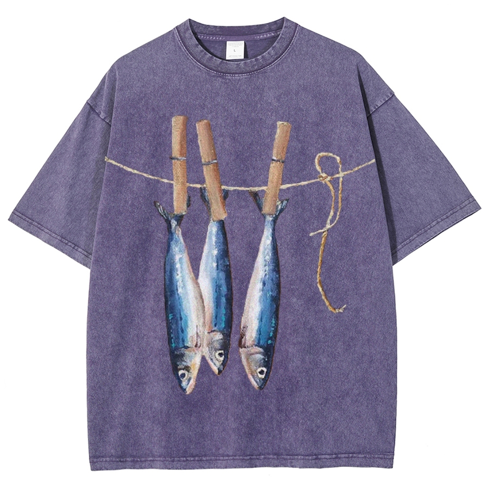 Unisex Sardines Printed Casual Washed T-shirt