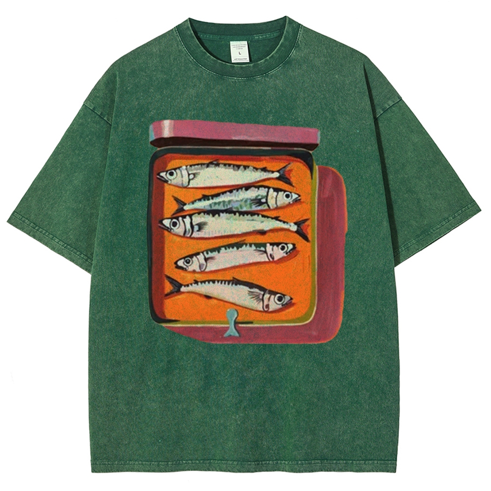 Unisex Canned Sardines Printed Casual Washed T-shirt