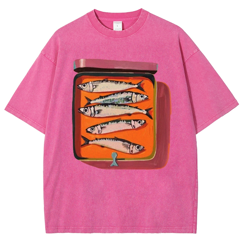 Unisex Canned Sardines Printed Casual Washed T-shirt
