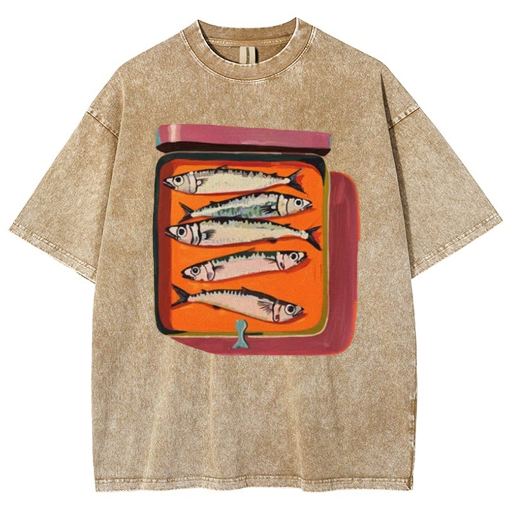 Unisex Canned Sardines Printed Casual Washed T-shirt