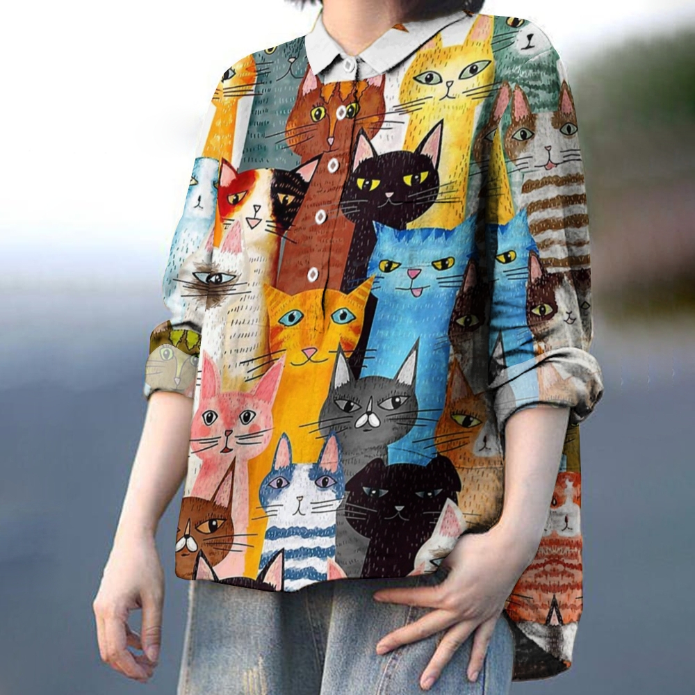 Women's Colorful Kitten Print Casual   Shirt
