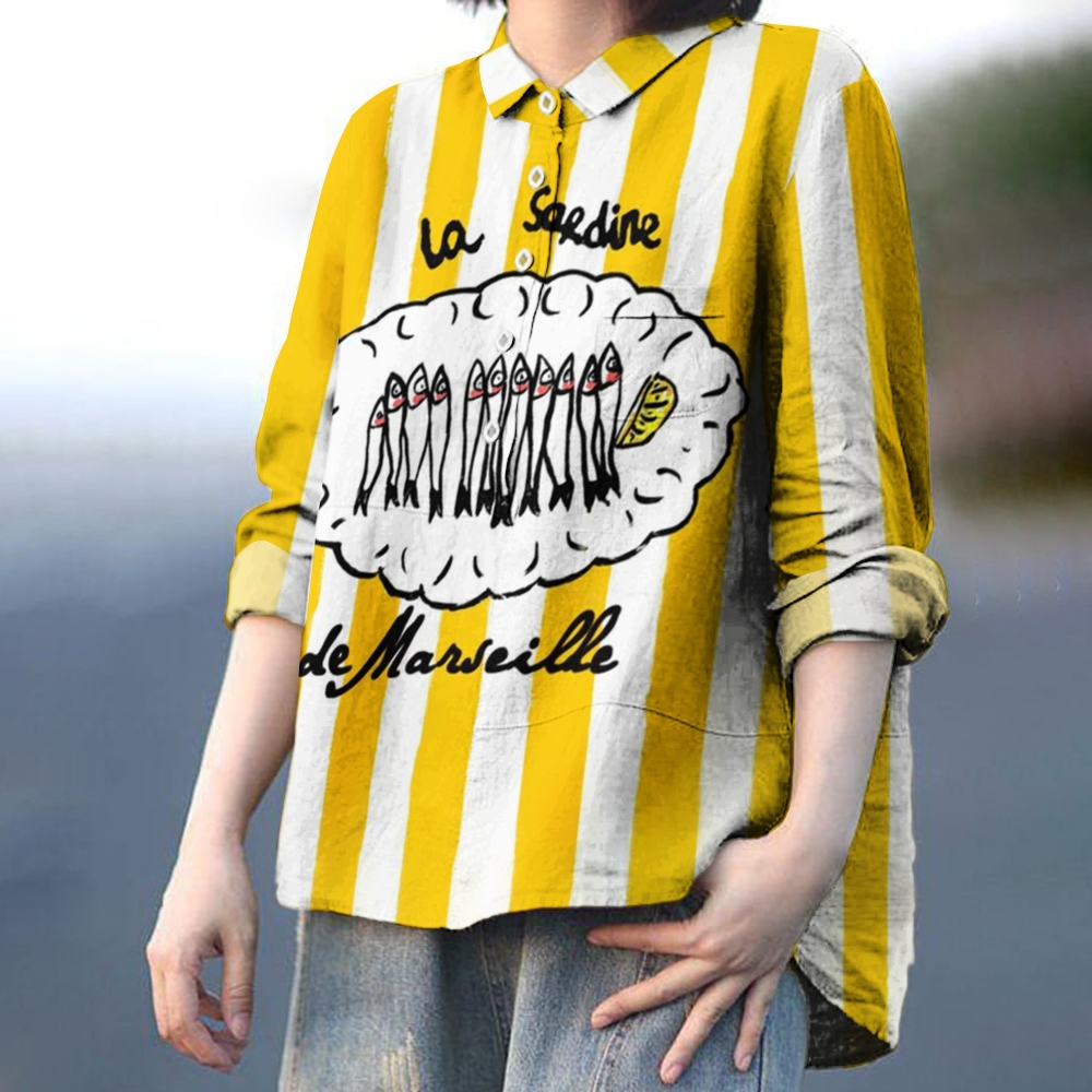 Women's La Sardine Print Casual Cotton And Linen Shirt