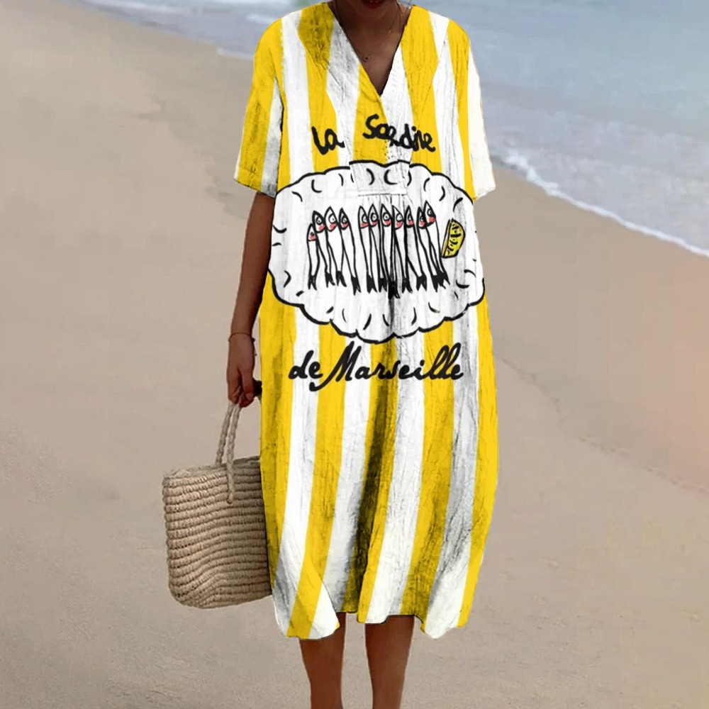 Women's La Sardine Print Casual Cotton And Linen Shirt