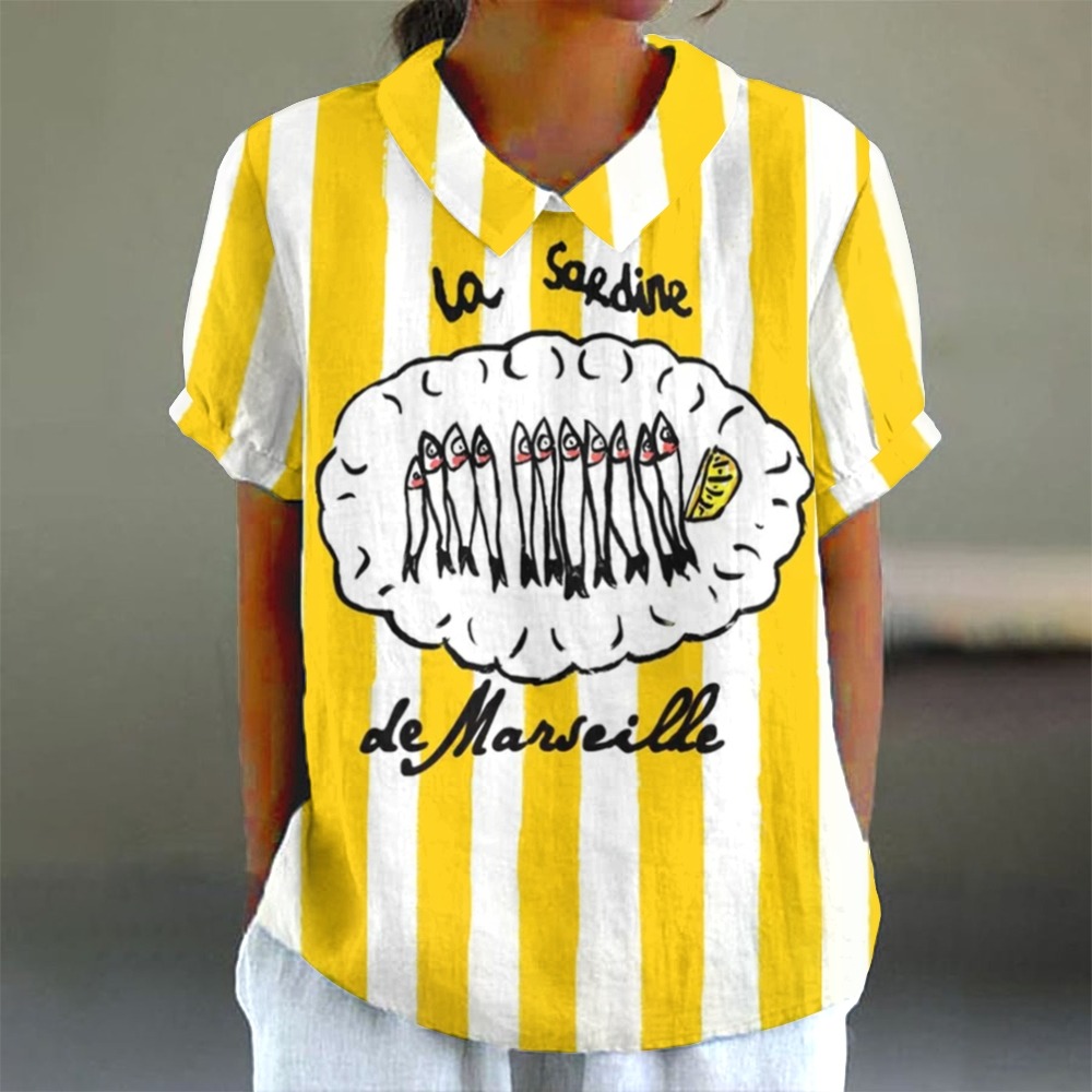 Women's La Sardine Print Casual Cotton And Linen Shirt