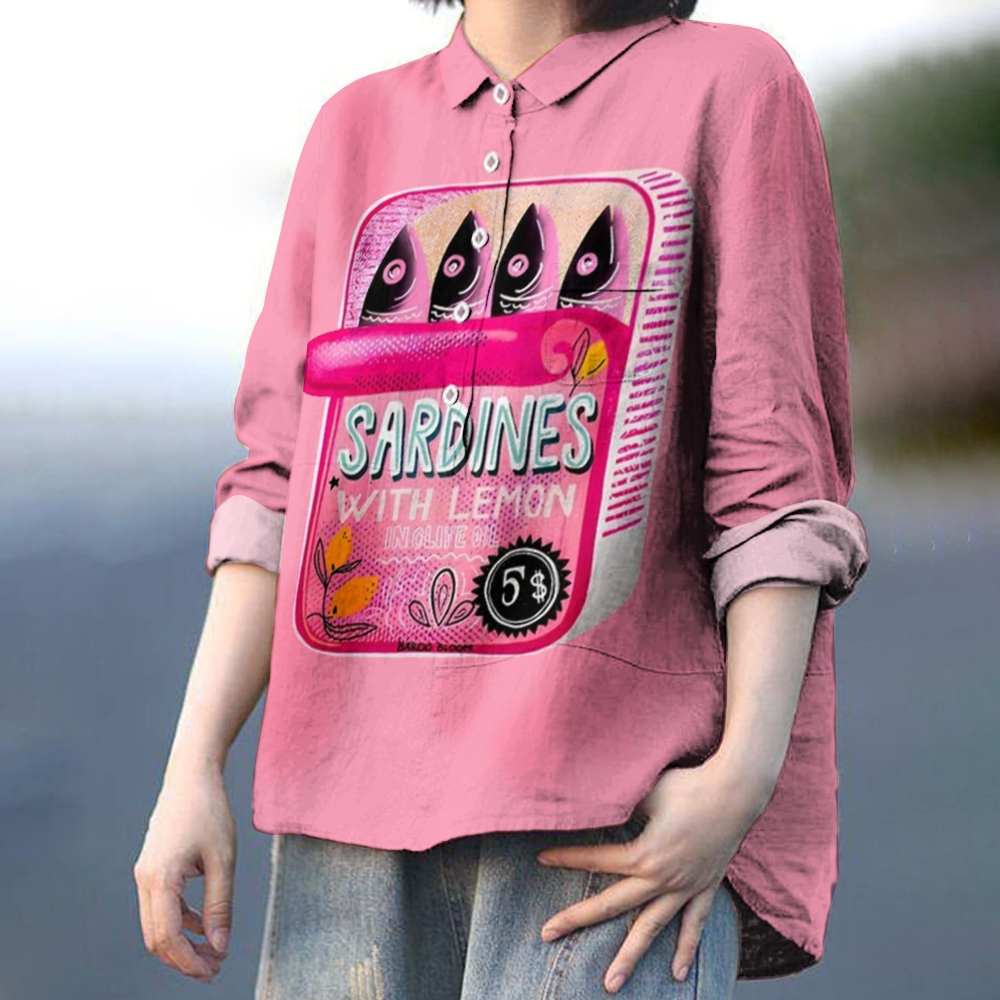 Women's Canned Sardines Print Casual Cotton And Linen Shirt