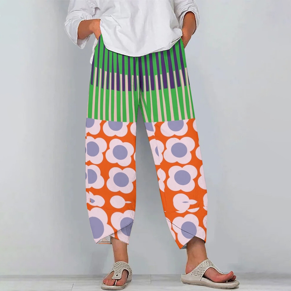 Women's Casual Stripe Daisy Printed Pants