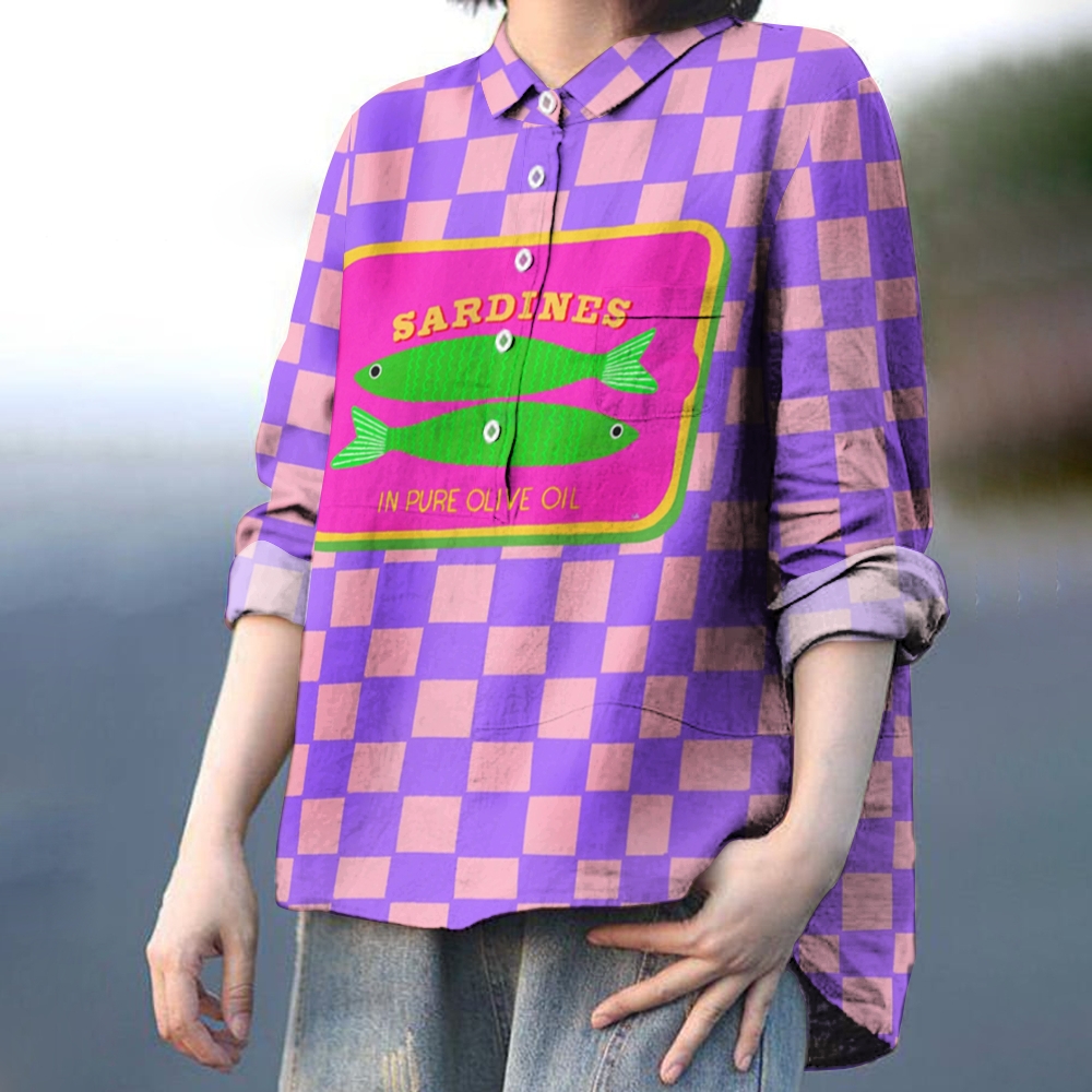 Women's Square Canned Sardines Print Casual Shirt