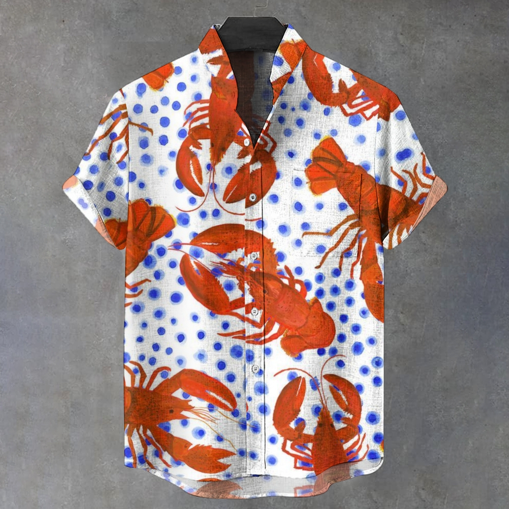 Men's Stand Collar Blue Dot Red Lobster Vintage Printed Short Sleeve Shirt