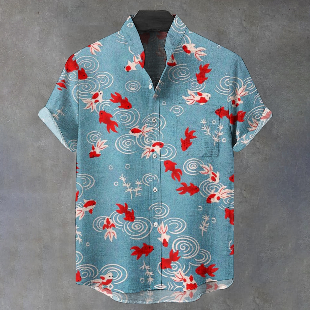 Men's Stand Collar Vintage Goldfish In Water Art Printed Short Sleeve Shirt