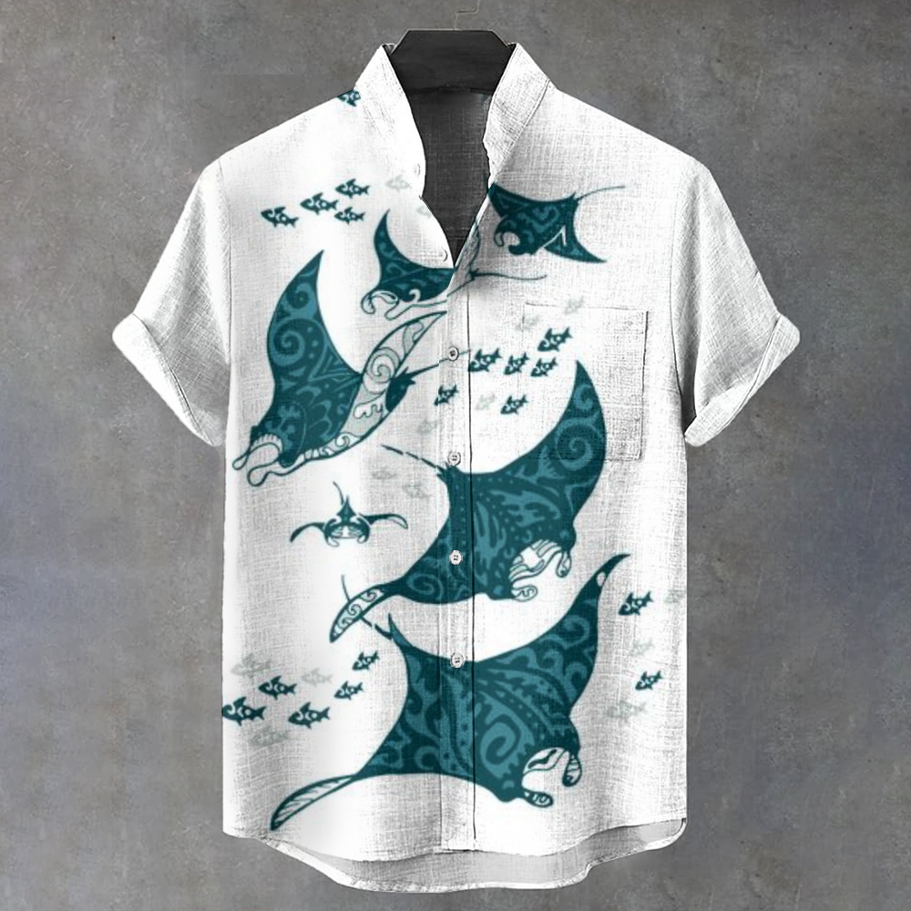 Men's Stand Collar Vintage Manta Rays Art Printed Short Sleeve Shirt