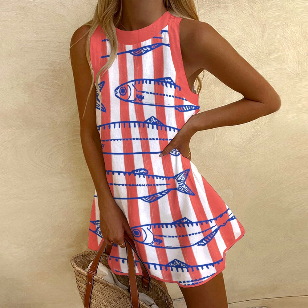 Women's Sleeveless Colorblock Stripe Fish Printed Dress
