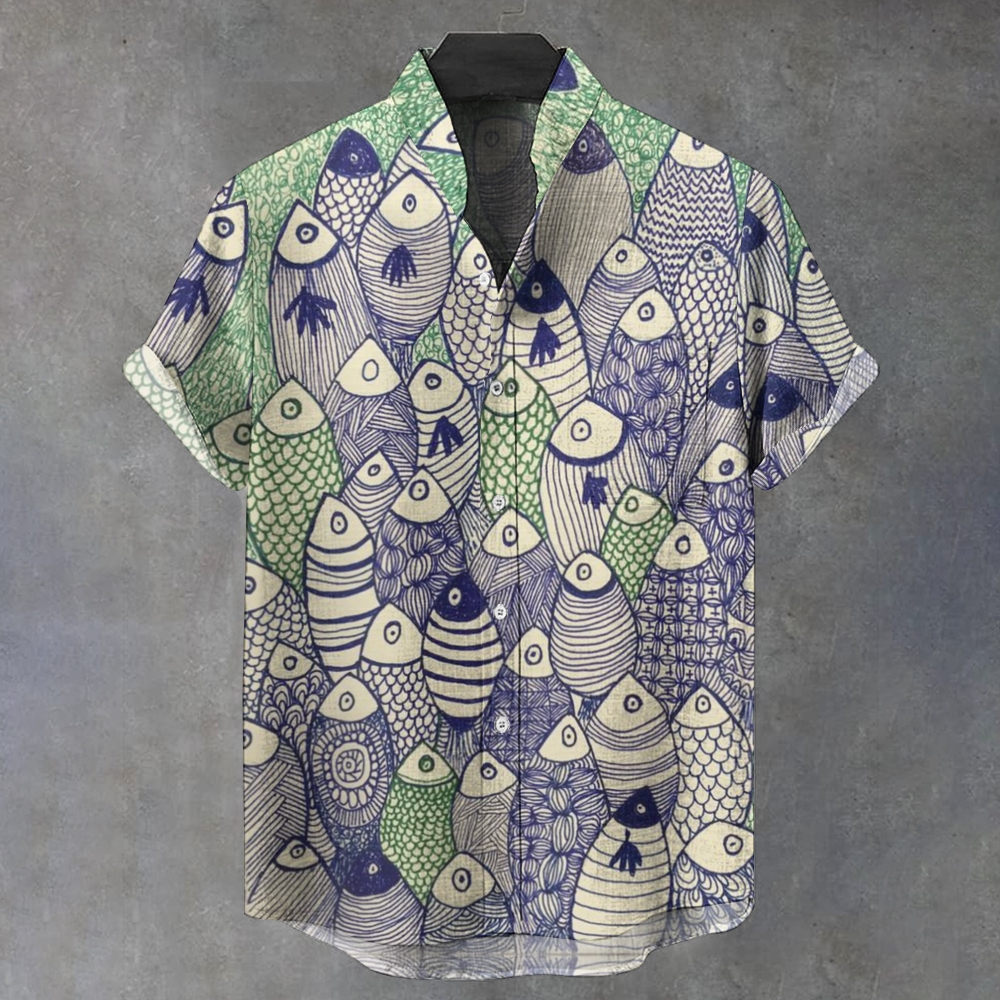 Men's Stand Collar Art Fish Printed Short Sleeve Shirt
