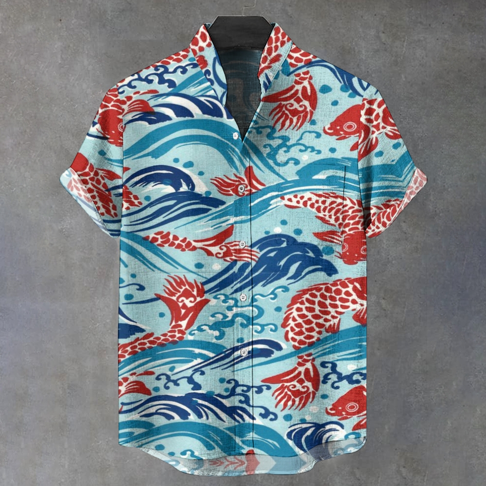 Men's Stand Collar Art Fish Printed Short Sleeve Shirt