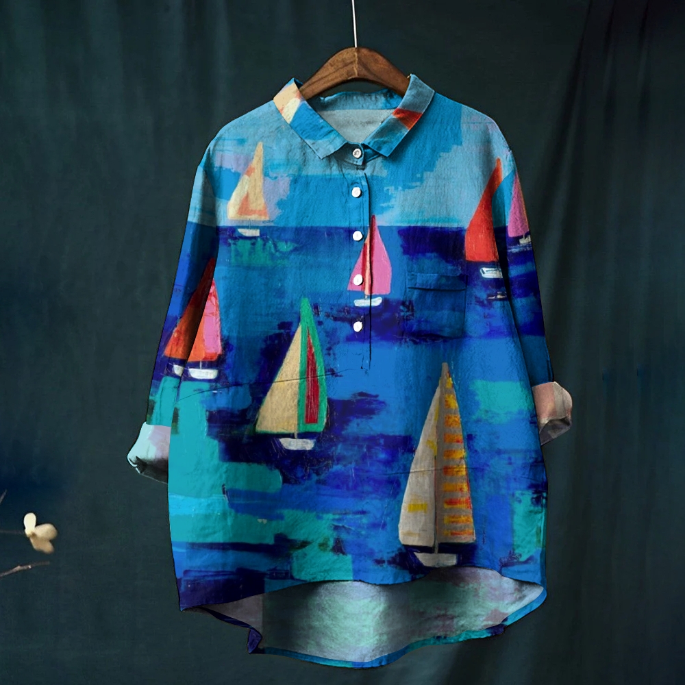 Women's Blue Sailboat Printed Casual Shirt