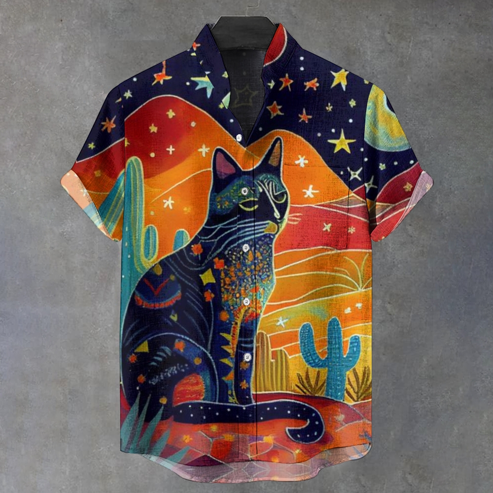 Men's Stand Collar Cat Art Printed Short Sleeve Shirt