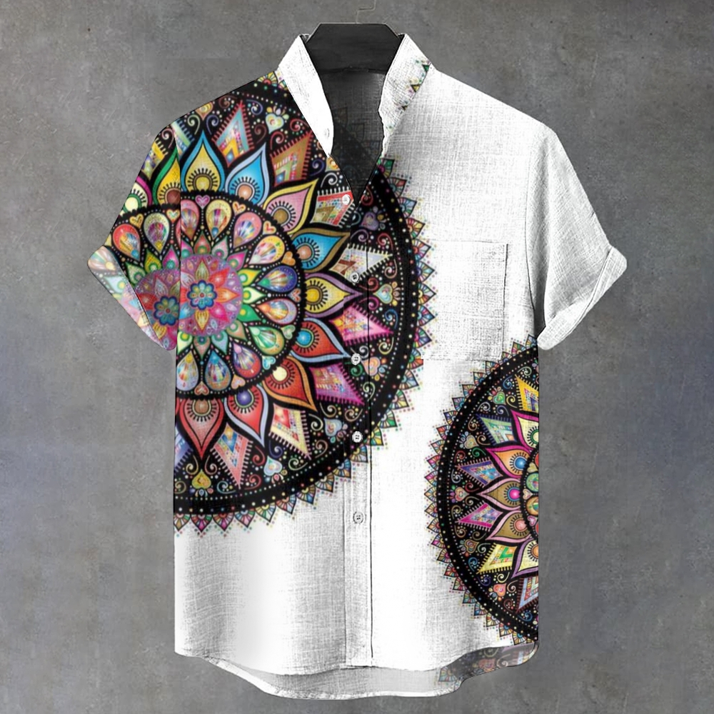Men's Stand Collar Vintage Motif Mandala Art Printed Short Sleeve Shirt