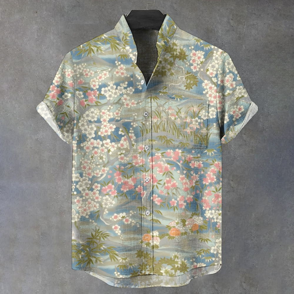 Men's Stand Collar Retro Spring Creek Floral Art Printed Short Sleeve Shirt