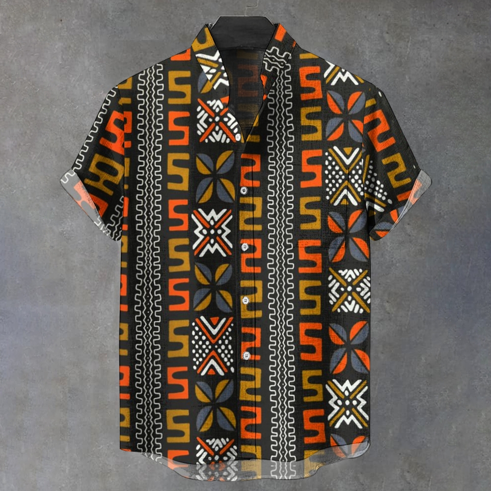 Men's Stand Collar Vintage Color Block Ethnic Printed Short Sleeve Shirt