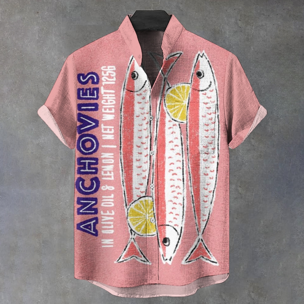 Men's Stand Collar Sardine Fish Art Vintage Printed Short Sleeve Shirt