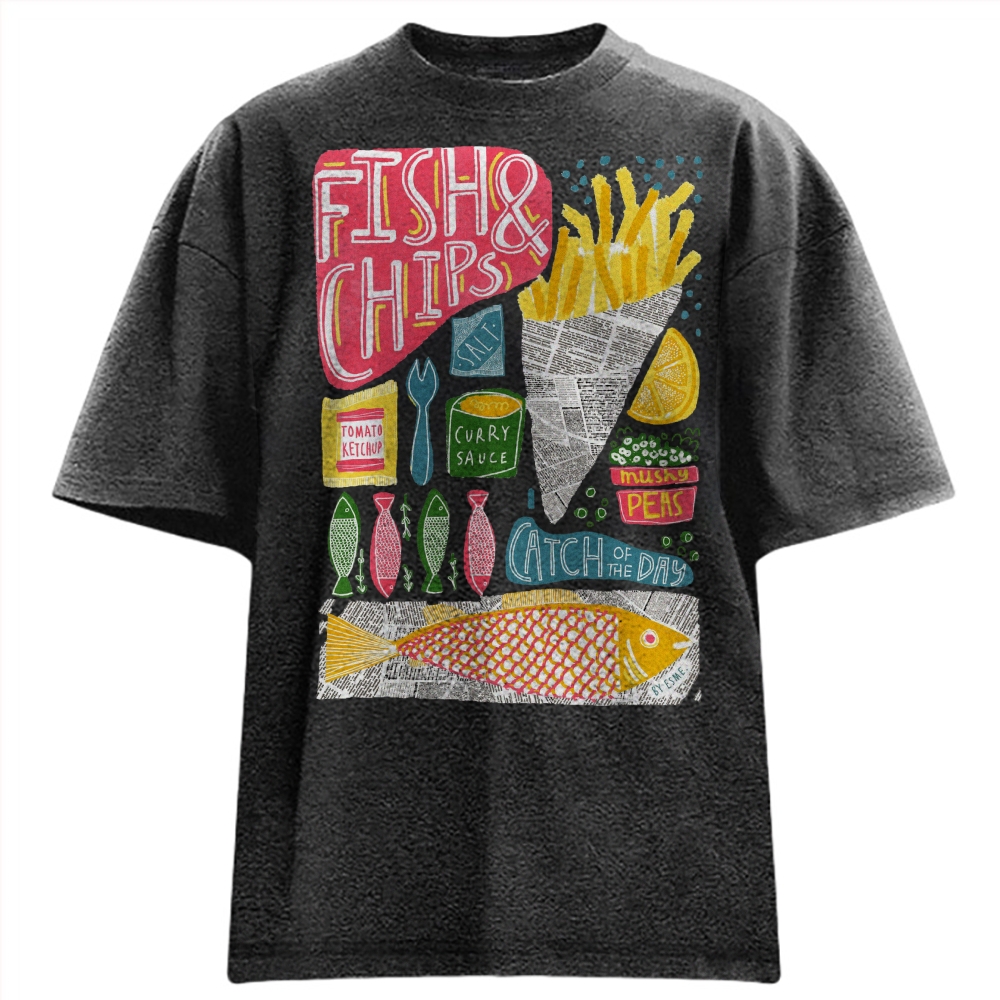 Unisex Fish And Chips Prints Washed Tee