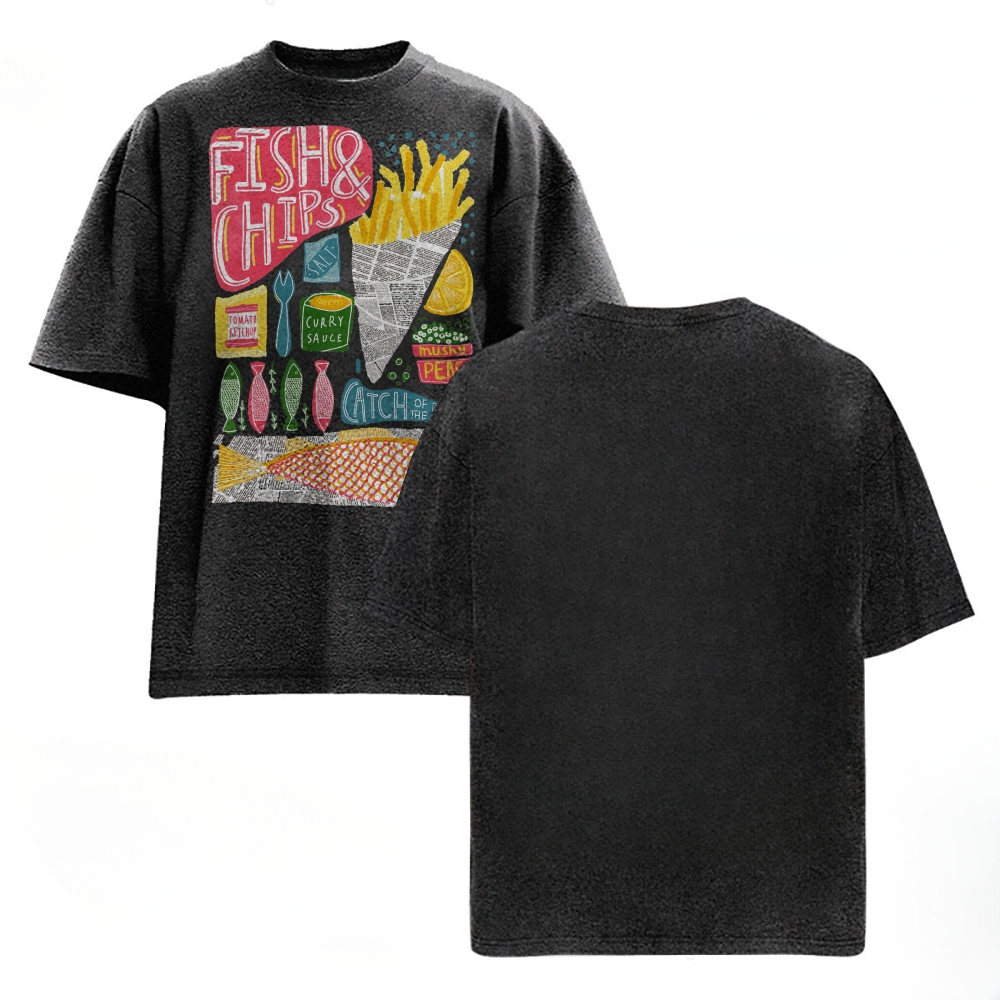 Unisex Fish And Chips Prints Washed Tee