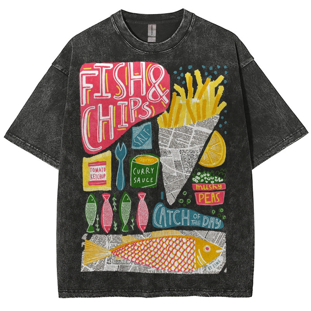 Unisex Fish And Chips Prints Washed Tee