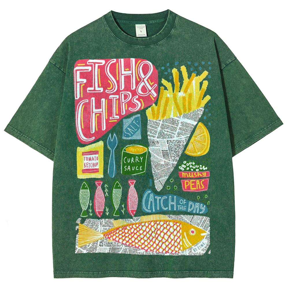 Unisex Fish And Chips Prints Washed Tee