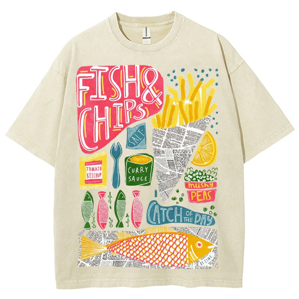 Unisex Fish And Chips Prints Washed Tee