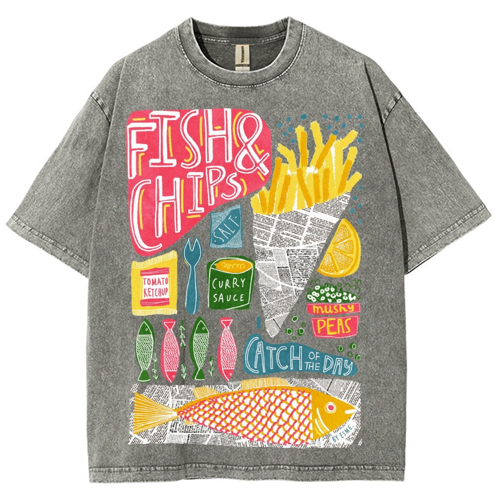 Unisex Fish And Chips Prints Washed Tee