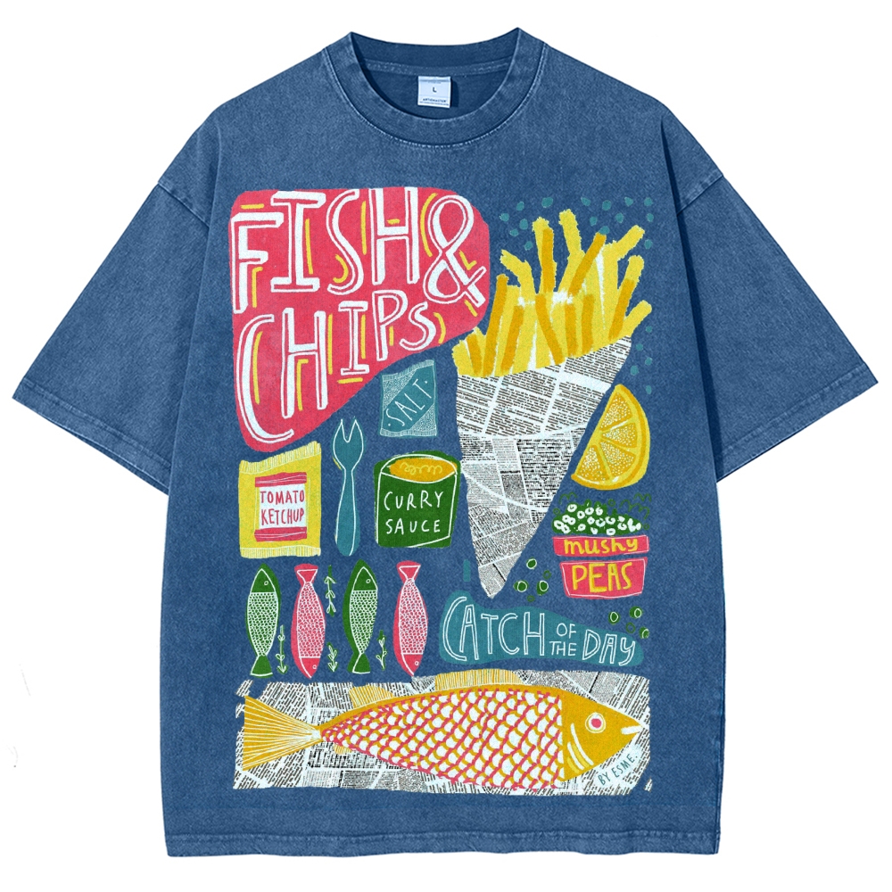 Unisex Fish And Chips Prints Washed Tee