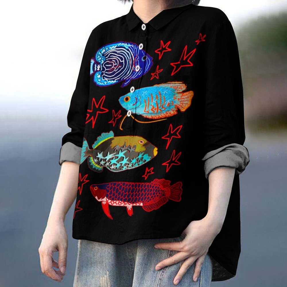 Women's Colorful Cartoon Fish Printed Casual Shirt